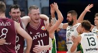 Latviai ir lietuviai švenečia bilietus į ketvirtfinalį. (nuotr. SCANPIX) tv3.lt fotomontažas