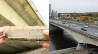 Stambiais betono gabalais byra Vilniaus tiltas  – „Jeigu tikrai ant galvos nukris, žmogų gali užmušti“ (tv3.lt koliažas)