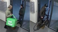 Vilniuje nufilmuota, kaip maistą atvežęs kurjeris į daugiabutį įleidžia ir vagį, kuris iš laiptinės pavagia dviratį (tv3.lt koliažas)