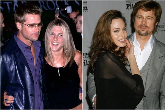 Brad Pitt su Jennifer Aniston ir Angelina Jolie (nuotr. SCANPIX) tv3.lt fotomontažas