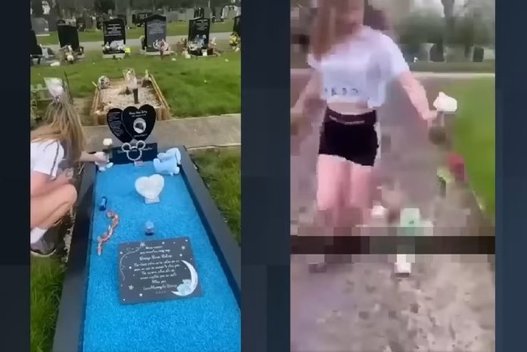 Mergaičių poelgis kapinėse įsiutino internautus (nuotr. stop kadras)