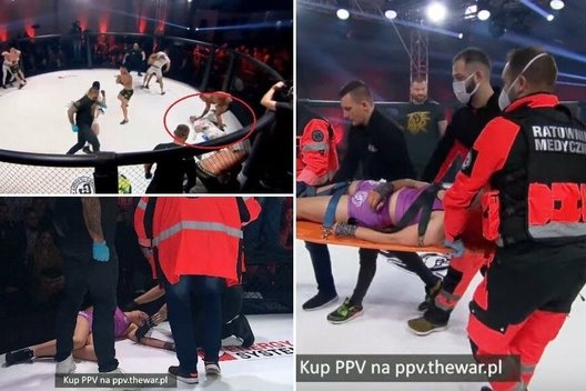 Lenkai nestabdo: MMA kovoje 5 prieš 5 – smūgiai be sąmonės gulinčiam varžovui (nuotr. Twitter)