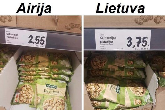Pistacijų kaina Airijoje ir Lietuvoje (nuotr. facebook.com)