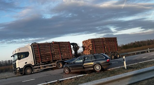 Kelyje Vilnius-Panevėžys susidūrė miškovežis ir BMW: sužalota moteris ir vaikas (nuotr. tv3.lt)