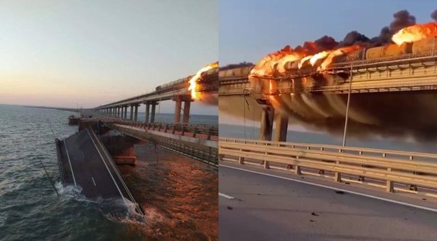 Ugnis niokoja Krymo tiltą (nuotr. Telegram)