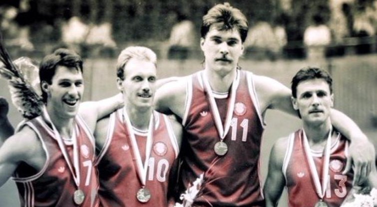 Šarūnas Marčiulionis, Rimas Kurtinaitis, Arvydas Sabonis ir Valdemaras Chomičius (nuotr. Getty)