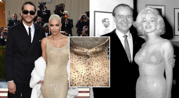 Kim Kardashian pasirodymas su 4 mln. kainuojančia Monroe suknele nepraėjo sklandžiai: kaltina ją sugadinus (tv3.lt koliažas)