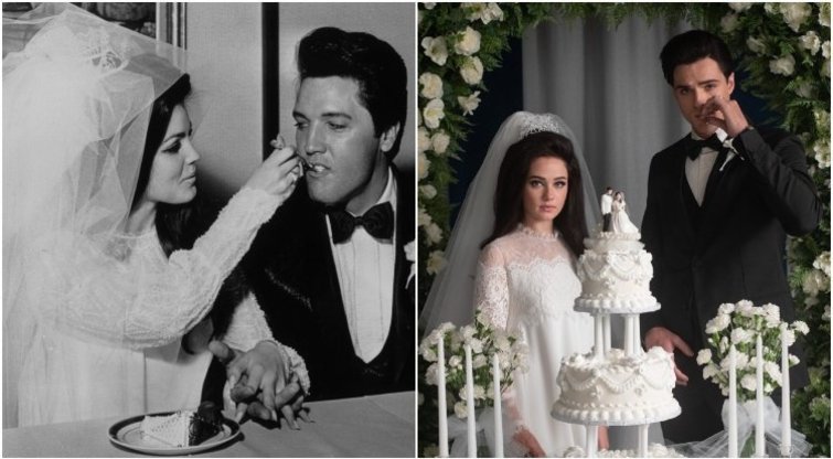 Priscillos ir Elvio Presley vestuvės 1967-aisiais ir filme atkurta scena (nuotr. SCANPIX) tv3.lt fotomontažas