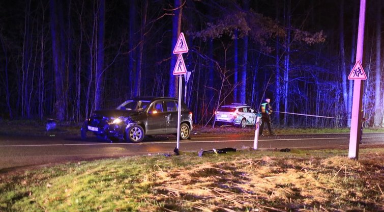 Netoli Turniškių policijos pareigūnai susidūrė su VW, nukentėjo keleivė iš pastarojo automobilio (nuotr. Broniaus Jablonsko)