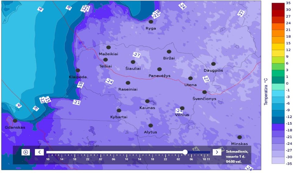 Orų temperatūra (Sekmadienis, vasario 1 d. 04:00 val.) nuotr. meteo.lt Orų temperatūra (Sekmadienis, vasario 1 d. 04:00 val.) nuotr. meteo.lt