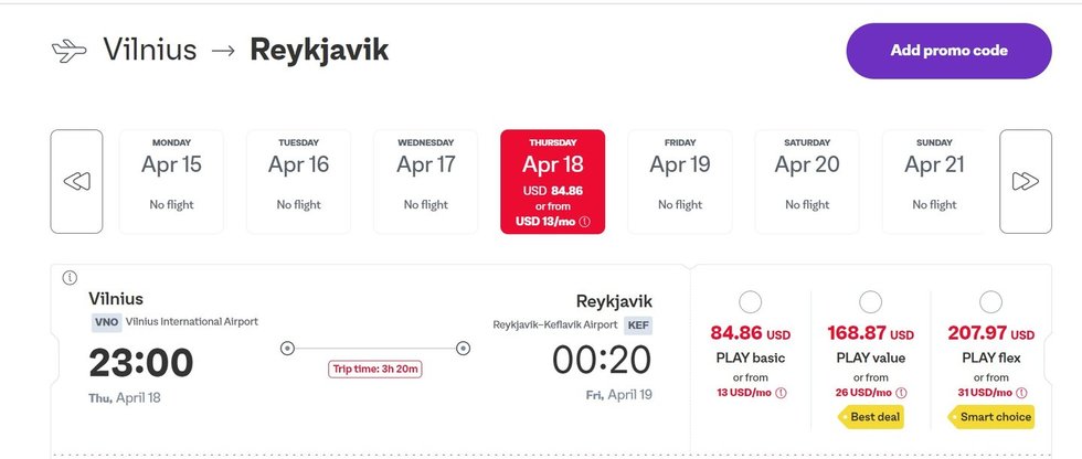 Play Airlines bilietai iš Vilniaus į Reikjaviką 