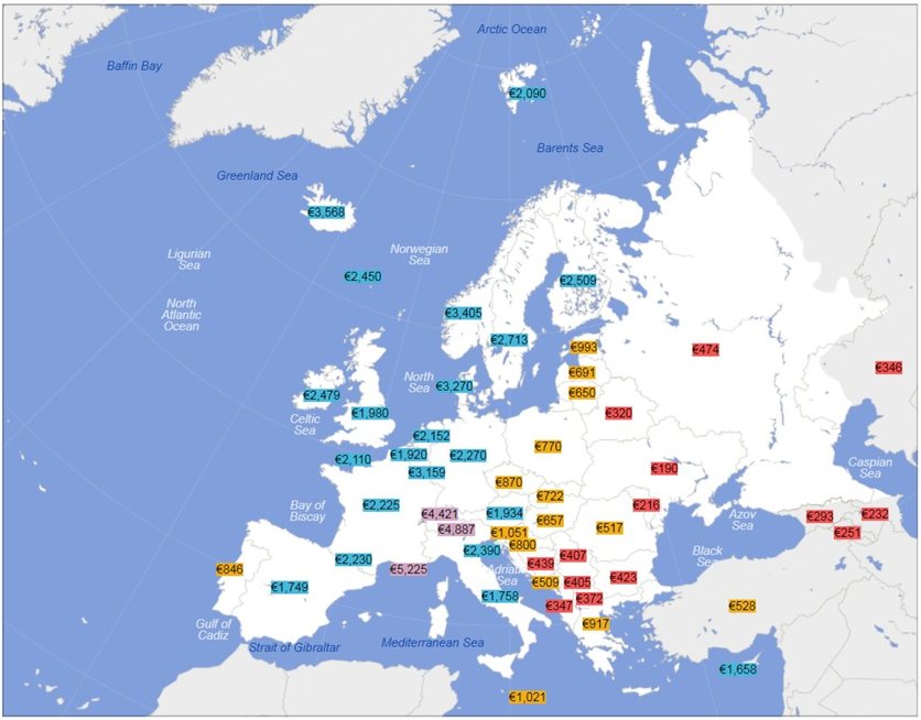 Vidutiniai atlyginimai “į rankas“ Europoje (Wikipedia.com nuotr.)  
