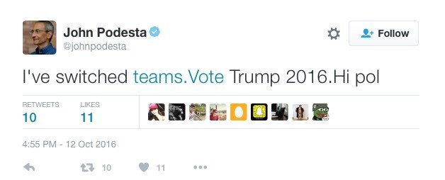 Programišiai įsilaužė į Clinton rinkimų štabo vadovo „Twitter“ paskyrą ir paragino balsuoti už Trumpą (nuotr. Gamintojo)