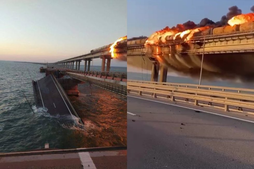 Ugnis niokoja Krymo tiltą (nuotr. Telegram)
