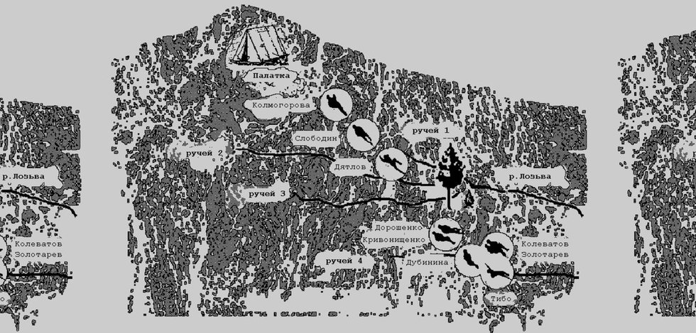 Diatlovo tragedijos žemėlapis. Matyti palapinė ir kūnų aptikimo vietos (nuotr. Gamintojo)