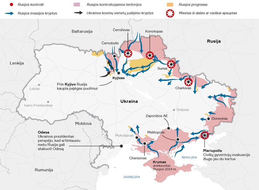 Ukrainos žemėlapis, kovo 7 diena (pagal Guardian ir UK Defence Ministry)