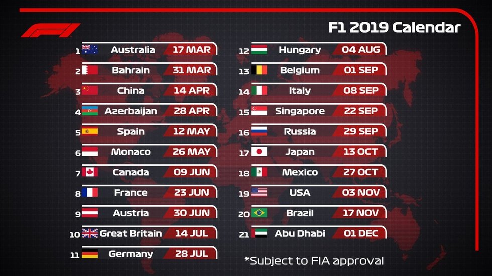 2019 metų F1 sezono kalendorius (nuotr. Organizatorių)