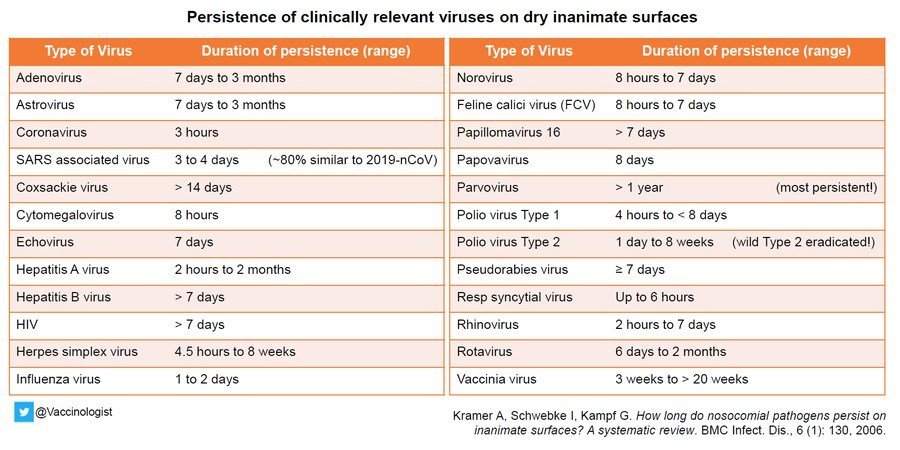 Virusų išlikimo laikas ant negyvų paviršių (Kramer A, Schwebke I, BMC ID 2006)
