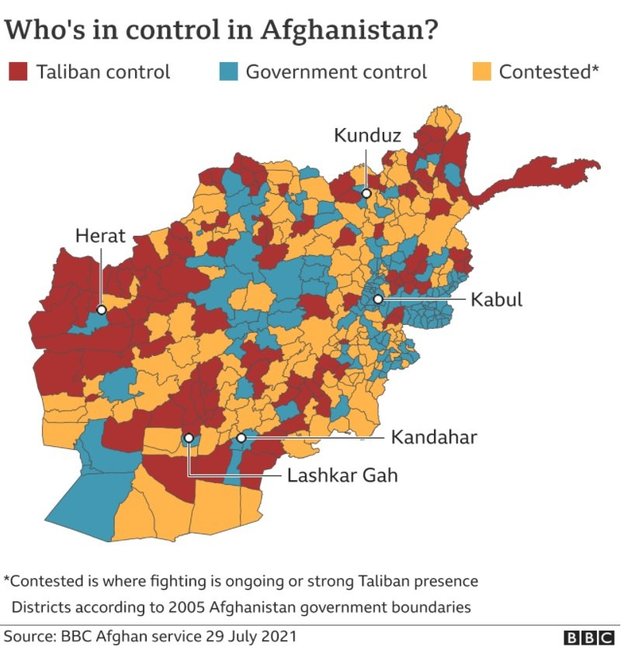 Afganistano žemėlapis, 2021 07 29 situacija (BBC)