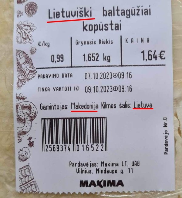 Kopūstai – lietuviški, bet gamintojas – Makedonija? (skaitytojo nuotr.)