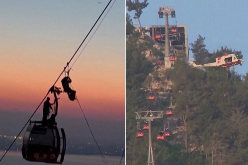 Turistų košmaras Turkijoje: 200 poilsiautojų įstrigo kabinose virš kalnų, vienas žmogus žuvo  (nuotr. stop kadras)