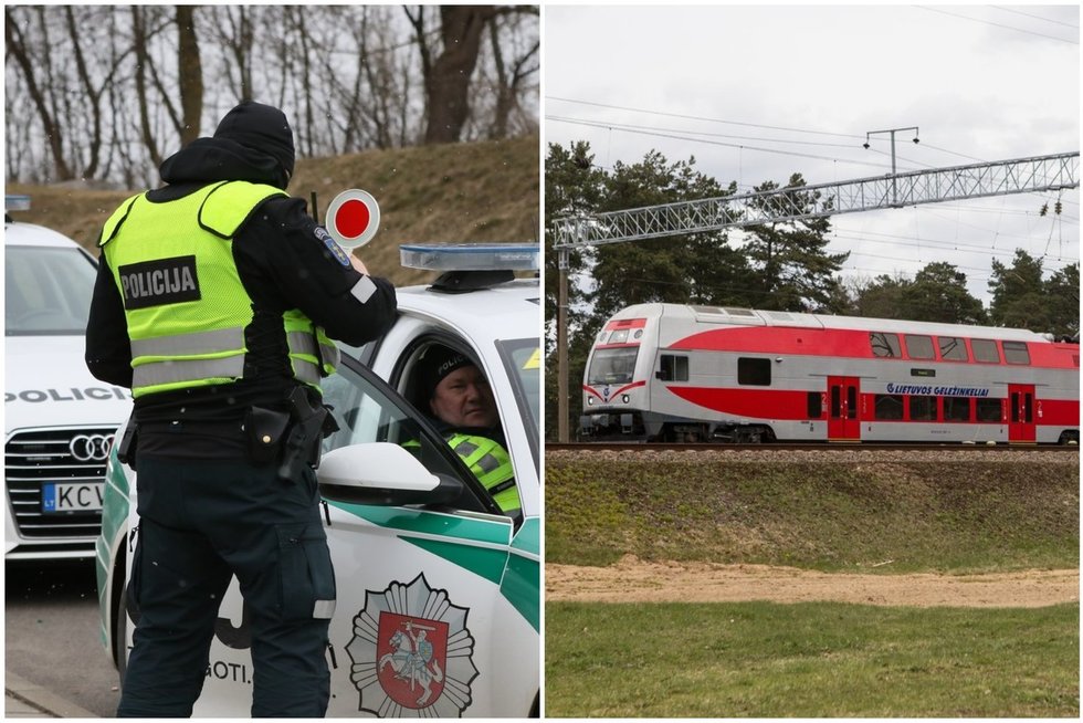 Stebėkite tiesiogiai: policija pristato, kaip tikrins tarp savivaldybių judančius traukinius (tv3.lt koliažas)