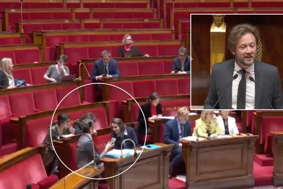 Prancūzijos ministro poelgis papiktino opoziciją: šiems kalbant rodė šuniuko nuotrauką  (nuotr. stop kadras)