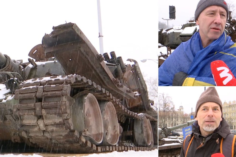 Vilniuje – trofėjinis sunaikintas rusų tankas: „Reikia aukoti Ukrainai, kad daugiau tokių griuvenų galėtume sulaužyt“ (tv3.lt koliažas)